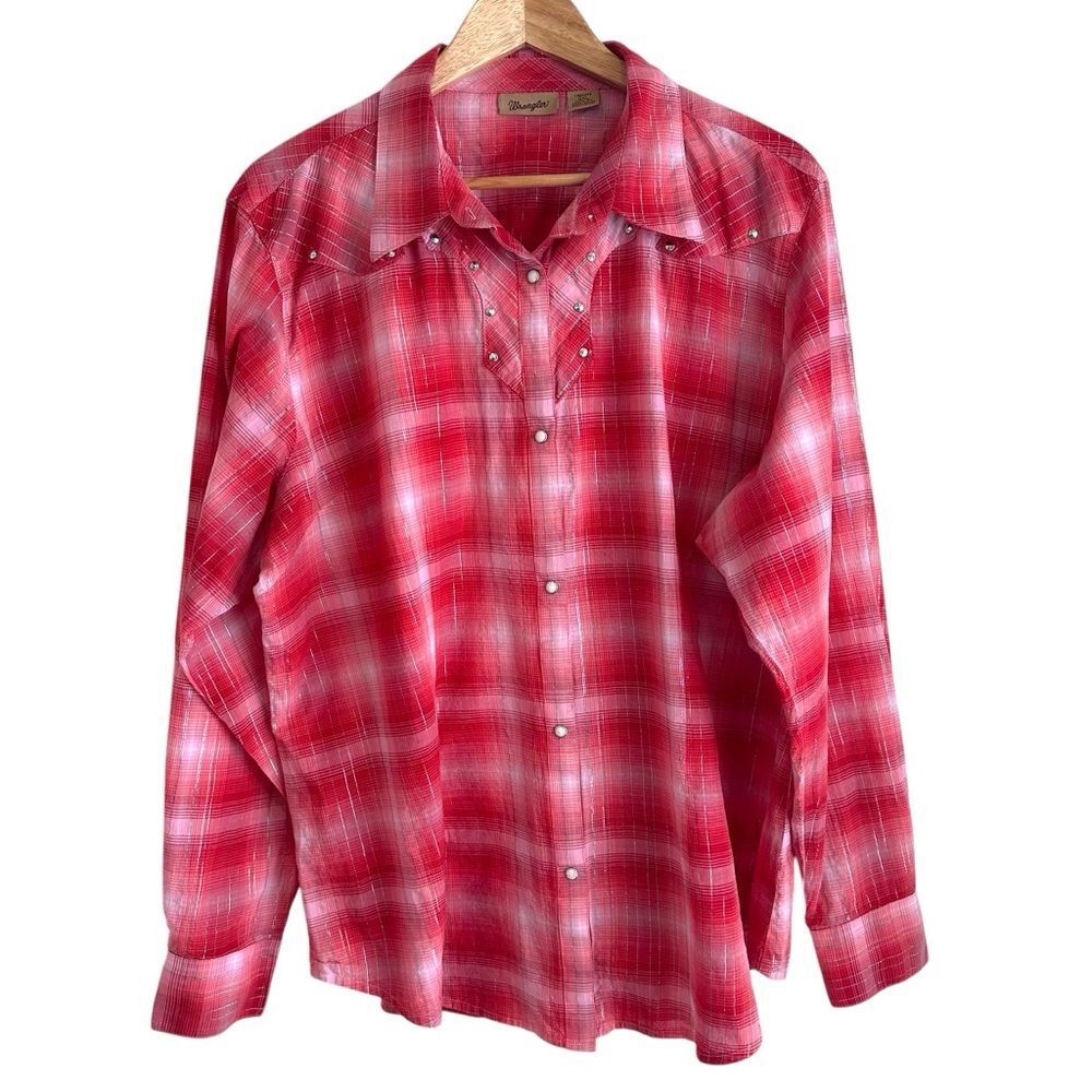Wrangler Red Silver Studded Metallic Thread Pearl Button Plaid Western Shirt